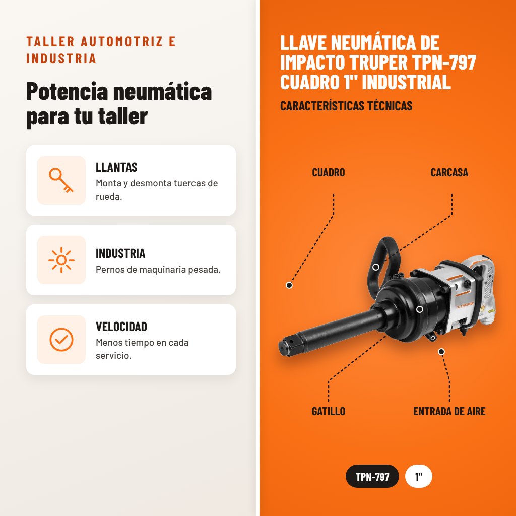 Llave Neumática de Impacto Truper TPN-797 Cuadro 1" Industrial: usos y características técnicas señaladas