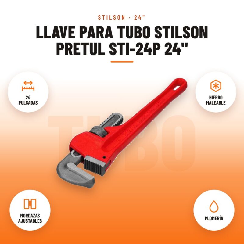 Llave para Tubo Stilson Pretul STI-24P 24": imagen promocional con 24 pulgadas, hierro maleable, mordazas ajustables, plomería