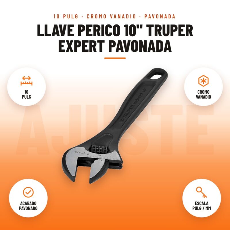 Llave Perico 10" Truper Expert Pavonada: imagen promocional con 10 pulg, cromo vanadio, acabado pavonado, escala pulg / mm