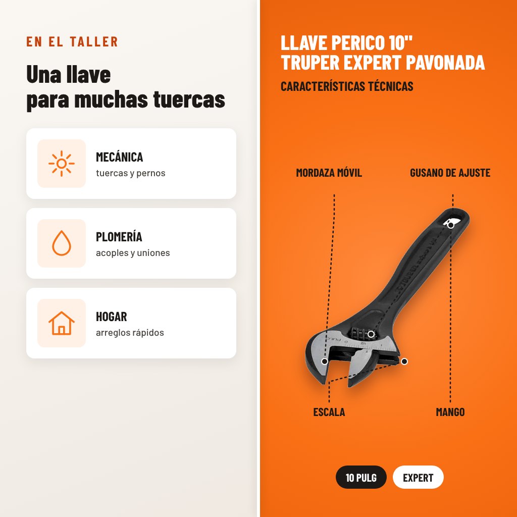 Llave Perico 10" Truper Expert Pavonada: usos y características técnicas señaladas