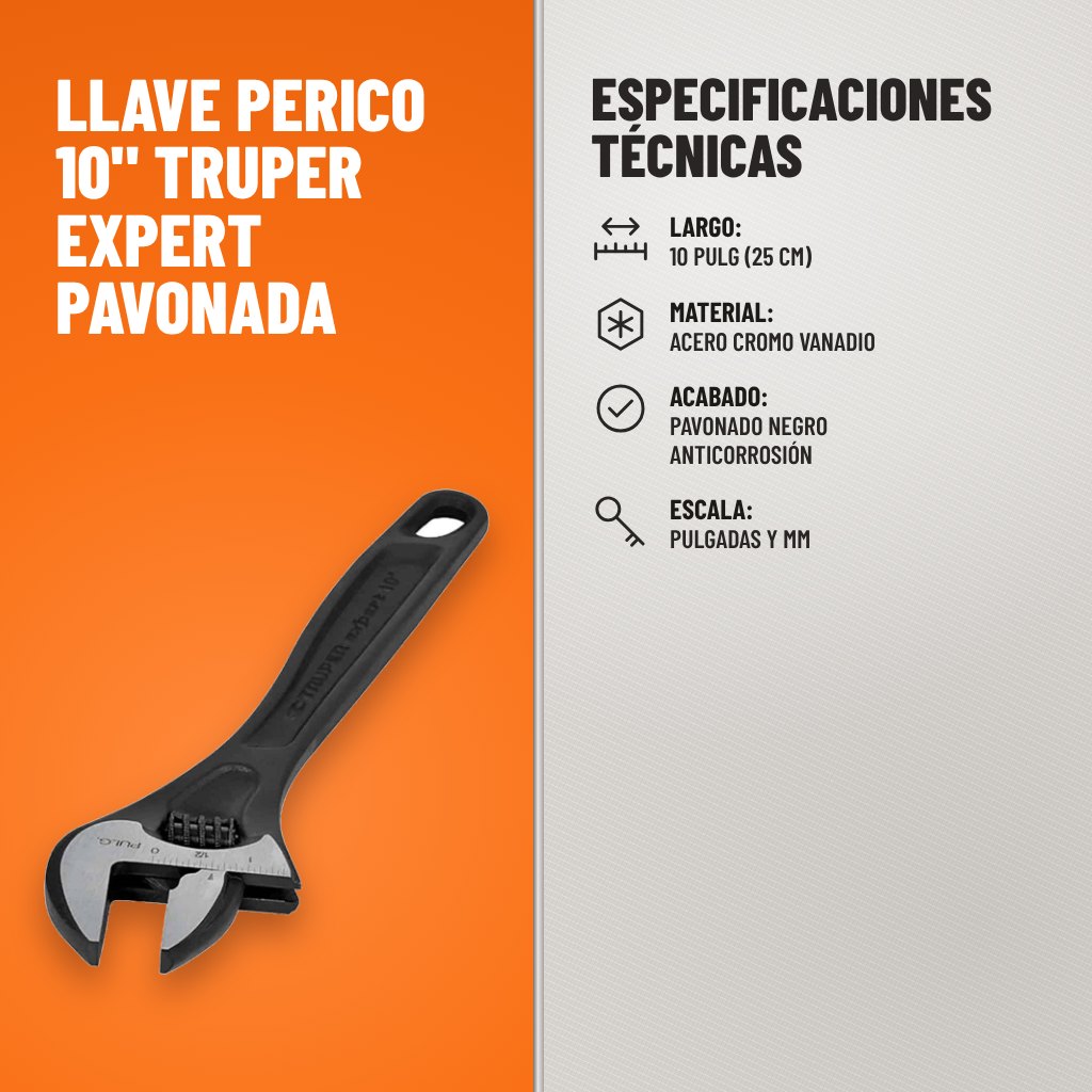 Especificaciones técnicas de Llave Perico 10" Truper Expert Pavonada