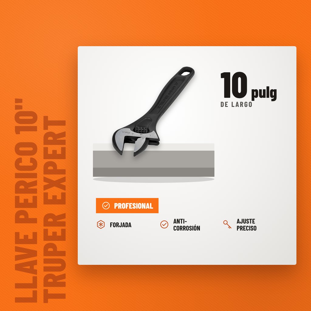 Llave Perico 10" Truper Expert Pavonada sobre soporte con sus beneficios principales