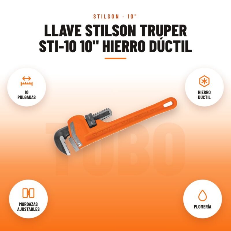 Llave Stilson Truper STI-10 10" Hierro Dúctil: imagen promocional con 10 pulgadas, hierro dúctil, mordazas ajustables, plomería