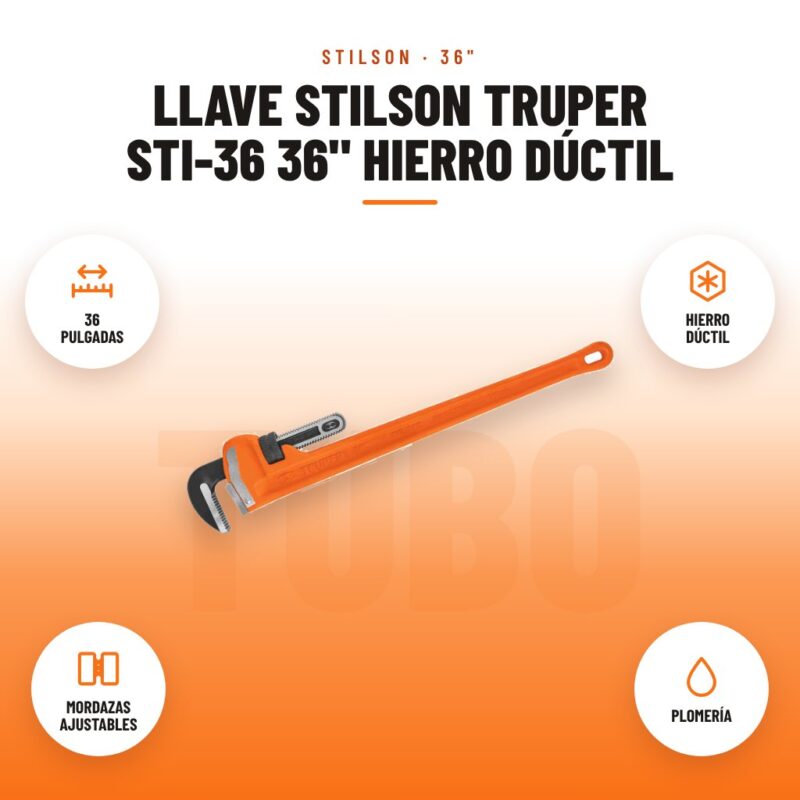 Llave Stilson Truper STI-36 36" Hierro Dúctil: imagen promocional con 36 pulgadas, hierro dúctil, mordazas ajustables, plomería