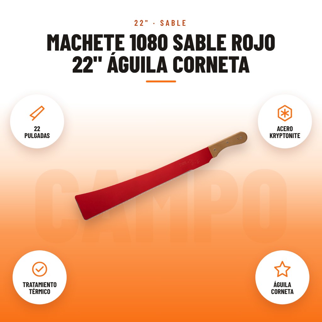 Machete 1080 Sable Rojo 22" Águila Corneta: imagen promocional con 22 pulgadas, acero kryptonite, tratamiento térmico, águila corneta