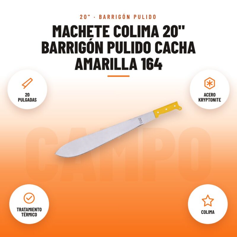 Machete Colima 20" Barrigón Pulido Cacha Amarilla 164: imagen promocional con 20 pulgadas, acero kryptonite, tratamiento térmico, colima