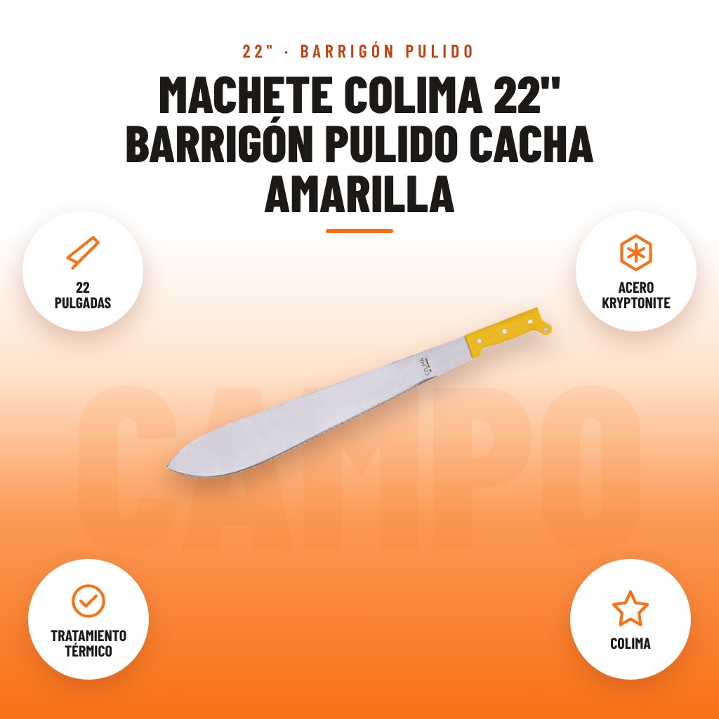Machete Colima 22" Barrigón Pulido Cacha Amarilla: imagen promocional con 22 pulgadas, acero kryptonite, tratamiento térmico, colima