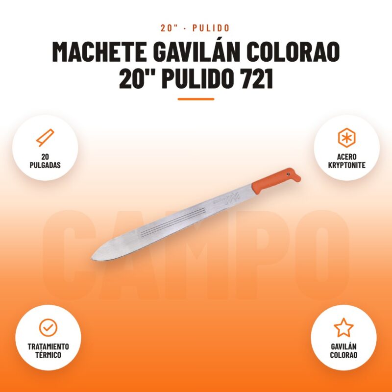 Machete Gavilán Colorao 20" Pulido 721: imagen promocional con 20 pulgadas, acero kryptonite, tratamiento térmico, gavilán colorao