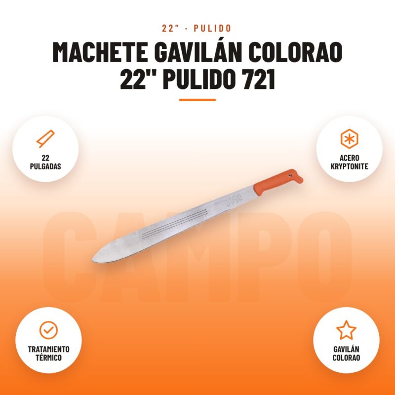 Machete Gavilán Colorao 22" Pulido 721: imagen promocional con 22 pulgadas, acero kryptonite, tratamiento térmico, gavilán colorao