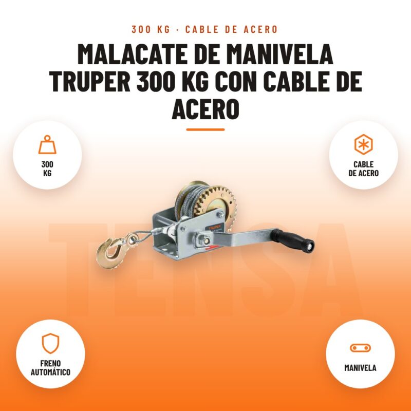 Malacate de Manivela Truper 300 kg con Cable de Acero: imagen promocional con 300 kg, cable de acero, freno automático, manivela