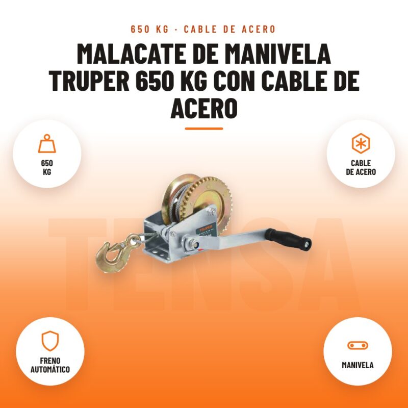 Malacate de Manivela Truper 650 kg con Cable de Acero: imagen promocional con 650 kg, cable de acero, freno automático, manivela