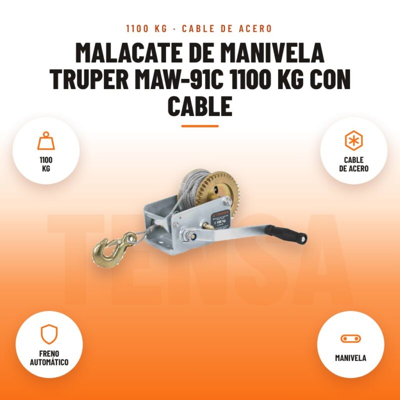 Malacate de Manivela Truper MAW-91C 1100 kg con Cable: imagen promocional con 1100 kg, cable de acero, freno automático, manivela