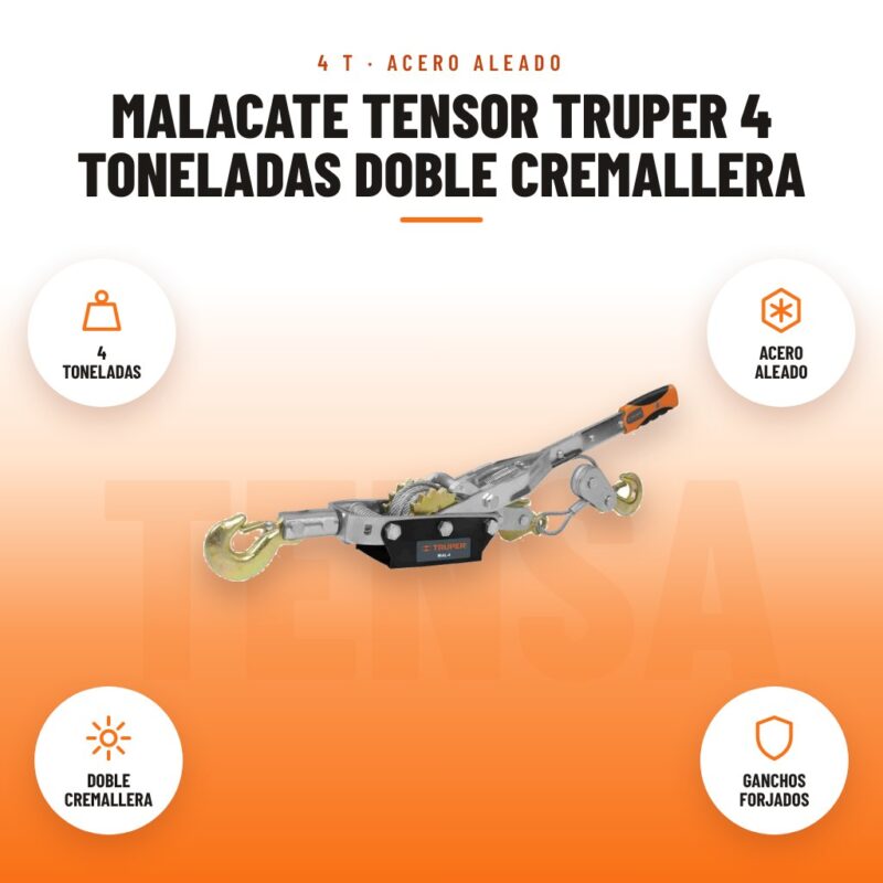 Malacate Tensor Truper 4 Toneladas Doble Cremallera: imagen promocional con 4 toneladas, acero aleado, doble cremallera, ganchos forjados