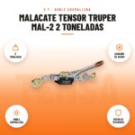 Malacate Tensor Truper MAL-2 2 Toneladas: imagen promocional con 2 toneladas, ganchos de acero, doble cremallera, botón de seguridad