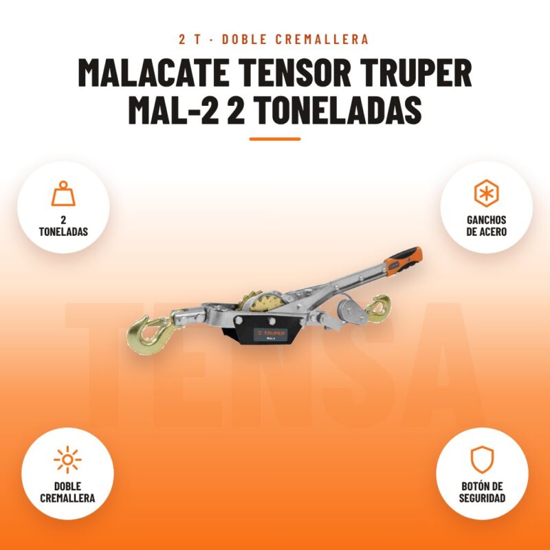 Malacate Tensor Truper MAL-2 2 Toneladas: imagen promocional con 2 toneladas, ganchos de acero, doble cremallera, botón de seguridad