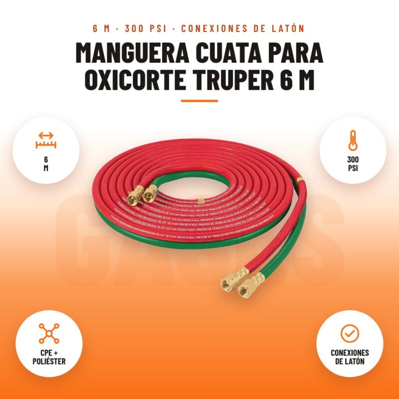 Manguera Cuata para Oxicorte Truper 6 m: imagen promocional con 6 m, 300 psi, cpe + poliéster, conexiones de latón