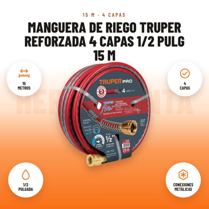Manguera de Riego Truper Reforzada 4 Capas 1/2 pulg 15 m: imagen promocional con 15 metros, 4 capas, 1/2 pulgada, conexiones metálicas