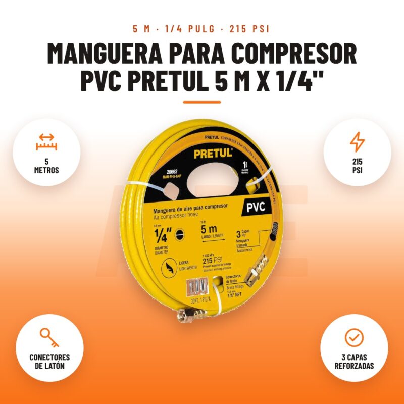 Manguera para Compresor PVC Pretul 5 m x 1/4": imagen promocional con 5 metros, 215 psi, conectores de latón, 3 capas reforzadas