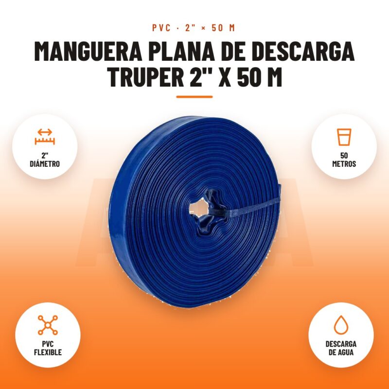 Manguera Plana de Descarga Truper 2" x 50 m: imagen promocional con 2" diámetro, 50 metros, pvc flexible, descarga de agua