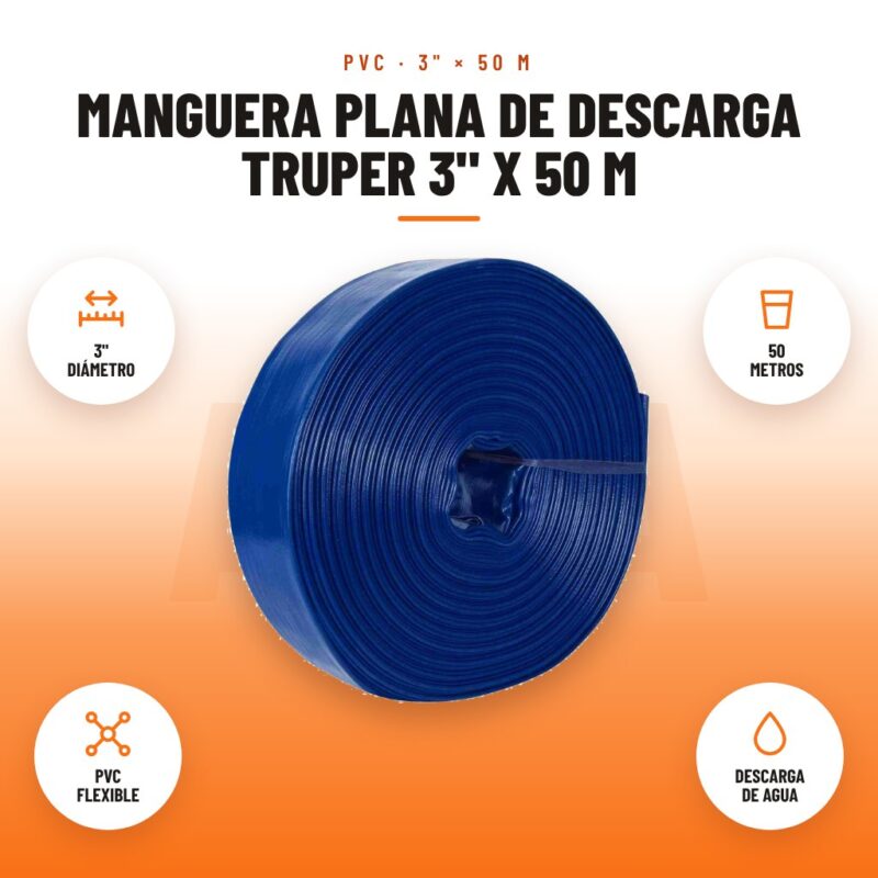 Manguera Plana de Descarga Truper 3" x 50 m: imagen promocional con 3" diámetro, 50 metros, pvc flexible, descarga de agua