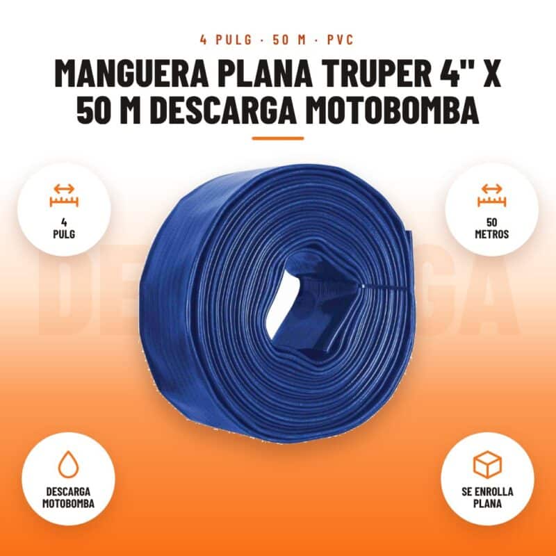 Manguera Plana Truper 4" x 50 m Descarga Motobomba: imagen promocional con 4 pulg, 50 metros, descarga motobomba, se enrolla plana