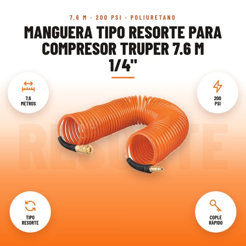 Manguera Tipo Resorte para Compresor Truper 7.6 m 1/4": imagen promocional con 7,6 metros, 200 psi, tipo resorte, cople rápido