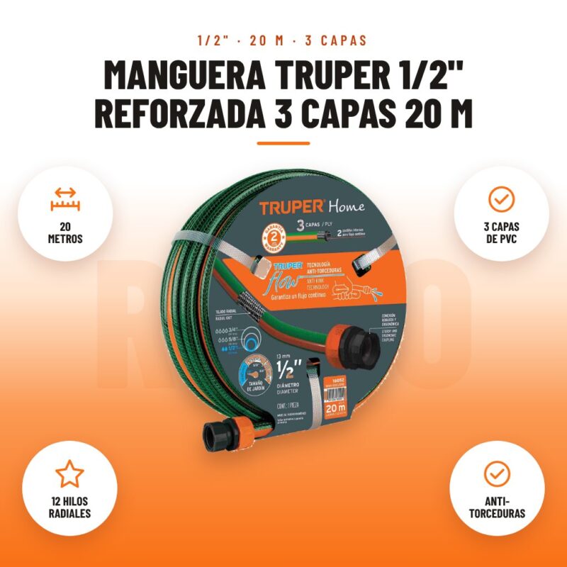 Manguera Truper 1/2" Reforzada 3 Capas 20 m: imagen promocional con 20 metros, 3 capas de pvc, 12 hilos radiales, anti- torceduras