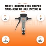 Martillo demoledor Truper MADE-30NX 62 joules 2000 W: imagen promocional con 62 joules, 2000 w, 1000 golpes/min, control de vibración