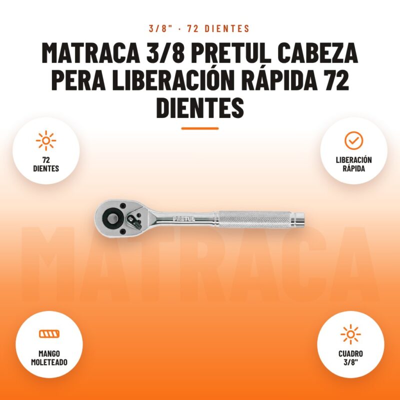 Matraca 3/8 Pretul cabeza pera liberación rápida 72 dientes: imagen promocional con 72 dientes, liberación rápida, mango moleteado, cuadro 3/8"