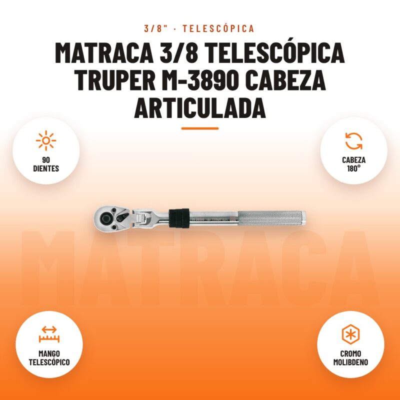 Matraca 3/8 Telescópica Truper M-3890 Cabeza Articulada: imagen promocional con 90 dientes, cabeza 180°, mango telescópico, cromo molibdeno
