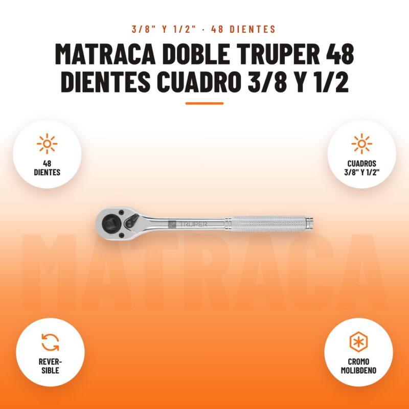 Matraca Doble Truper 48 Dientes Cuadro 3/8 y 1/2: imagen promocional con 48 dientes, cuadros 3/8" y 1/2", rever- sible, cromo molibdeno