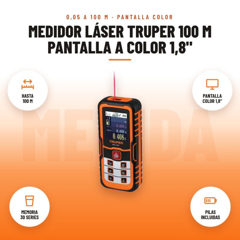 Medidor Láser Truper 100 m Pantalla a Color 1,8": imagen promocional con hasta 100 m, pantalla color 1,8", memoria 30 series, pilas incluidas