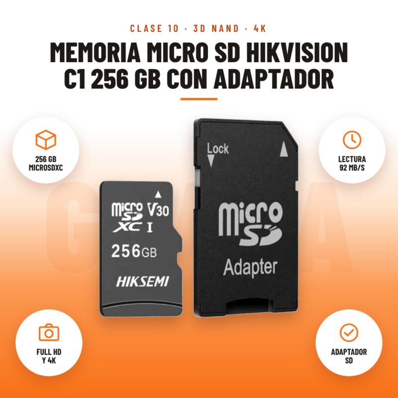 Memoria Micro SD Hikvision C1 256 GB con Adaptador: imagen promocional con 256 gb microsdxc, lectura 92 mb/s, full hd y 4k, adaptador sd