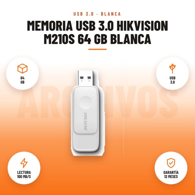Memoria USB 3.0 Hikvision M210S 64 GB Blanca: imagen promocional con 64 gb, usb 3.0, lectura 100 mb/s, garantía 12 meses