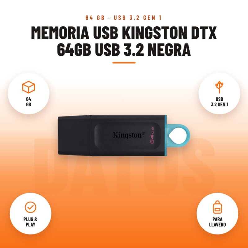 Memoria USB Kingston DTX 64GB USB 3.2 Negra: imagen promocional con 64 gb, usb 3.2 gen 1, plug & play, para llavero