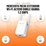 Mercusys ME30 Extensor Wi-Fi AC1200 Doble Banda 1.2 Gbps: imagen promocional con ac1200, doble banda, botón wps, puerto 10/100