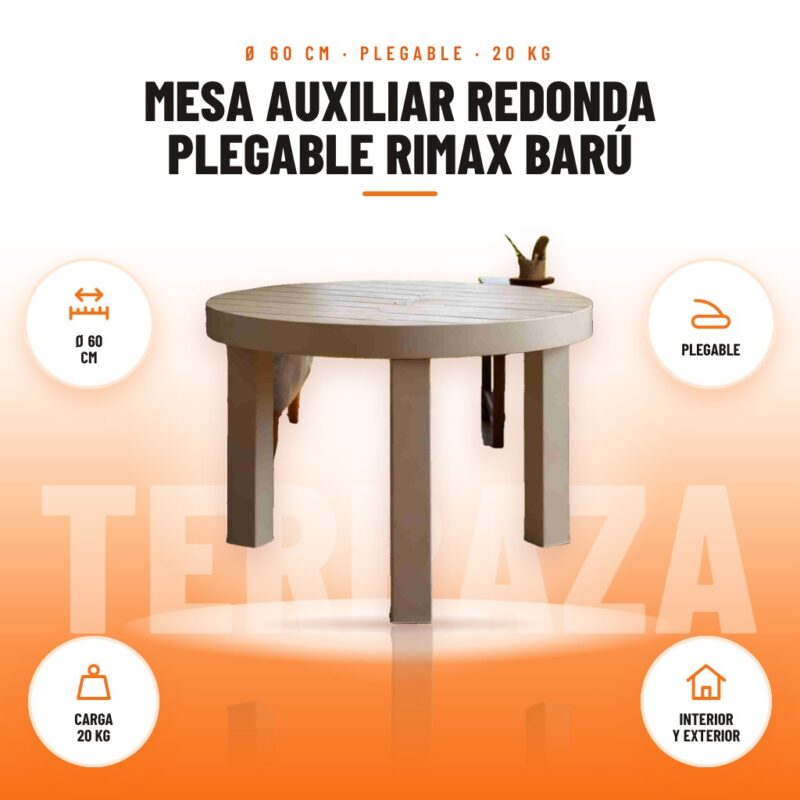 Mesa Auxiliar Redonda Plegable Rimax Barú: imagen promocional con ø 60 cm, plegable, carga 20 kg, interior y exterior
