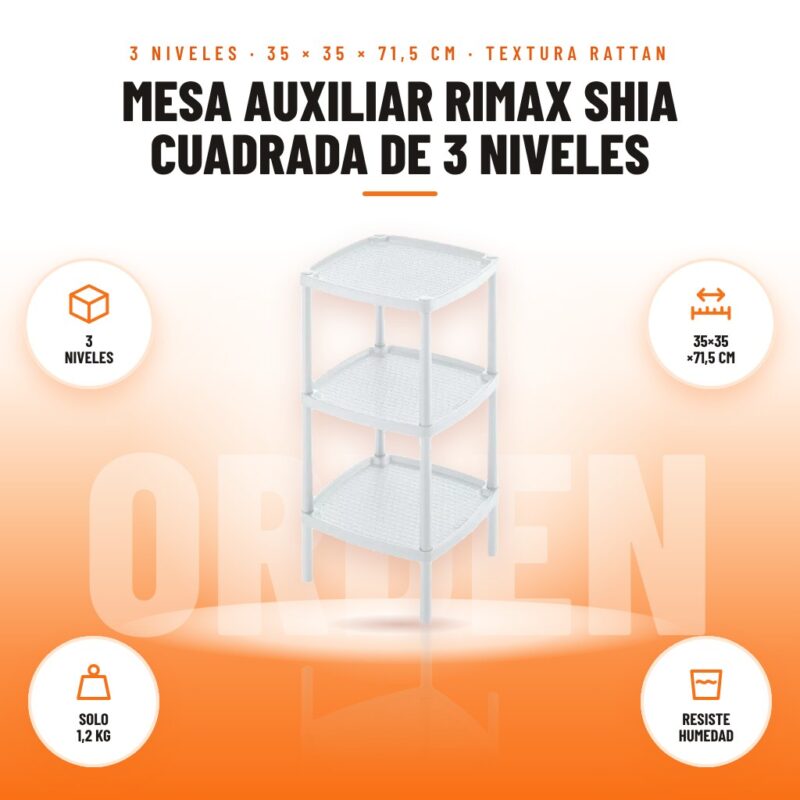 Mesa Auxiliar Rimax Shia Cuadrada de 3 Niveles: imagen promocional con 3 niveles, 35×35 ×71,5 cm, solo 1,2 kg, resiste humedad