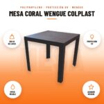 Mesa Coral Wengue Colplast: imagen promocional con 300 kg de carga, protección uv, imper- meable, acabado wengue