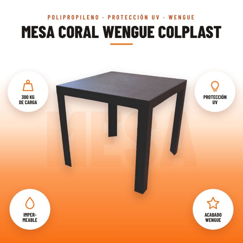 Mesa Coral Wengue Colplast: imagen promocional con 300 kg de carga, protección uv, imper- meable, acabado wengue