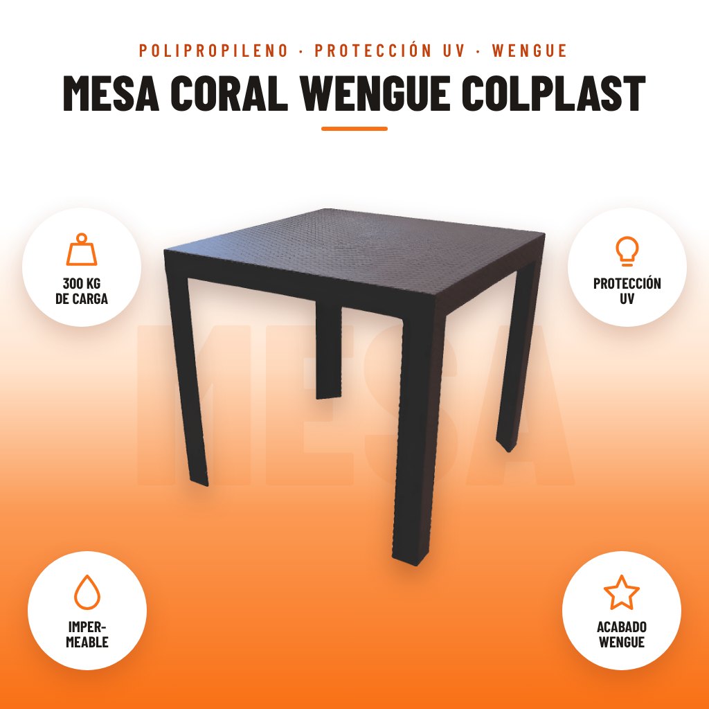 Mesa Coral Wengue Colplast: imagen promocional con 300 kg de carga, protección uv, imper- meable, acabado wengue