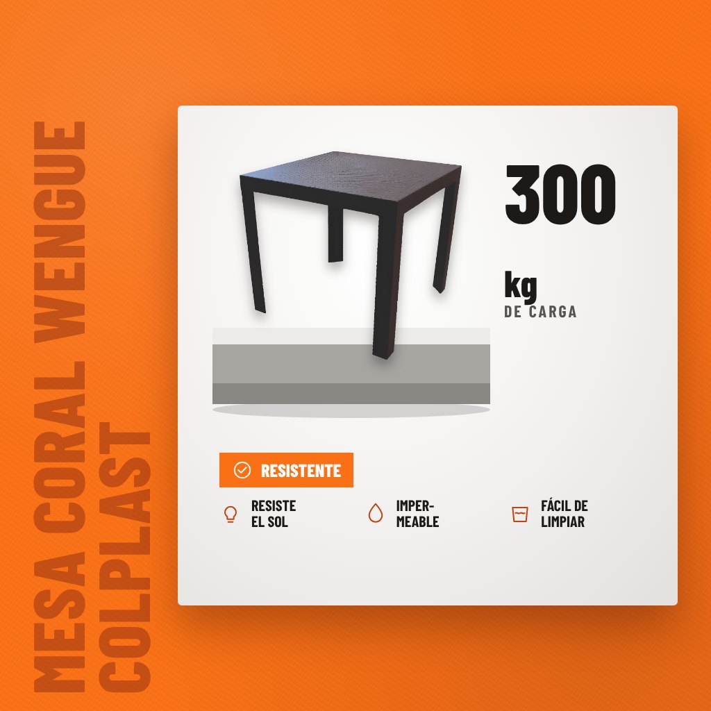 Mesa Coral Wengue Colplast sobre soporte con sus beneficios principales
