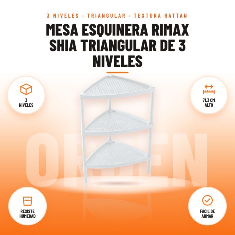 Mesa Esquinera Rimax Shia Triangular de 3 Niveles: imagen promocional con 3 niveles, 71,3 cm alto, resiste humedad, fácil de armar