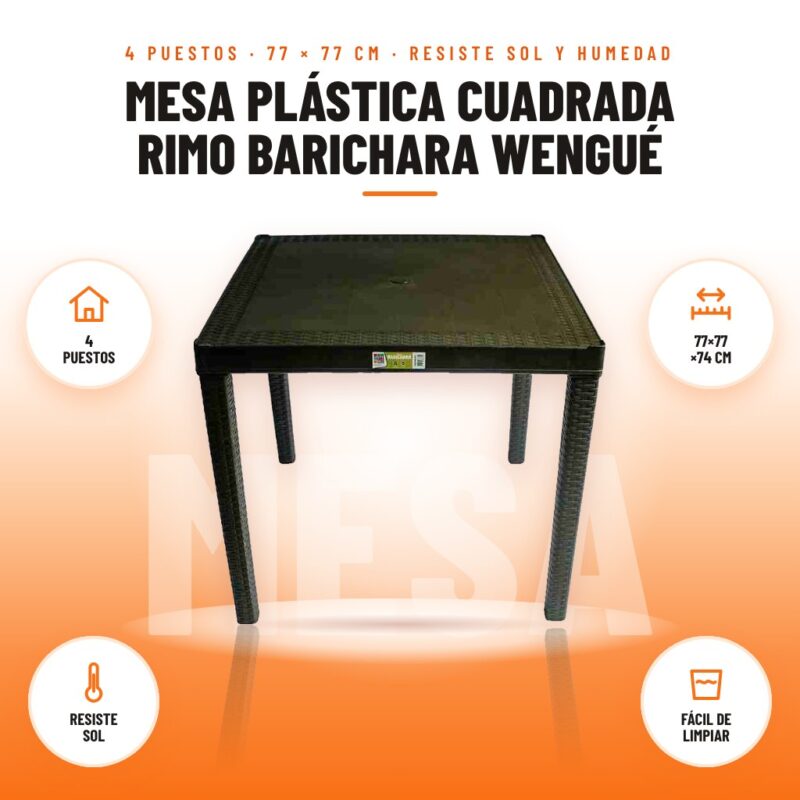 Mesa Plástica Cuadrada Rimo Barichara Wengué: imagen promocional con 4 puestos, 77×77 ×74 cm, resiste sol, fácil de limpiar