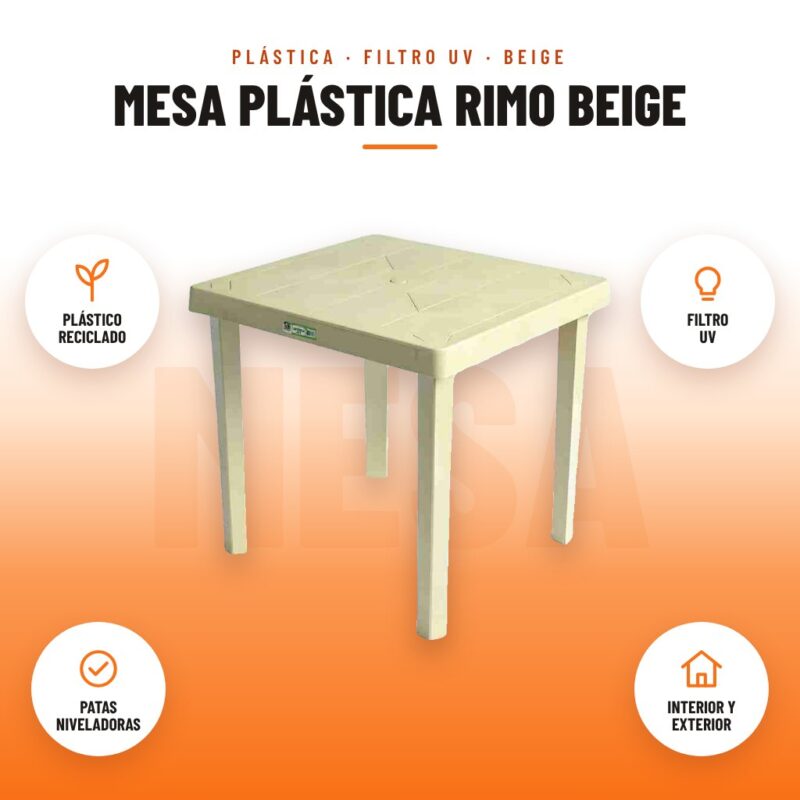 Mesa Plástica Rimo Beige: imagen promocional con plástico reciclado, filtro uv, patas niveladoras, interior y exterior