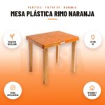 Mesa Plástica Rimo Naranja: imagen promocional con plástico reciclado, filtro uv, patas niveladoras, interior y exterior