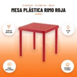 Mesa Plástica Rimo Roja: imagen promocional con plástico reciclado, filtro uv, patas niveladoras, interior y exterior