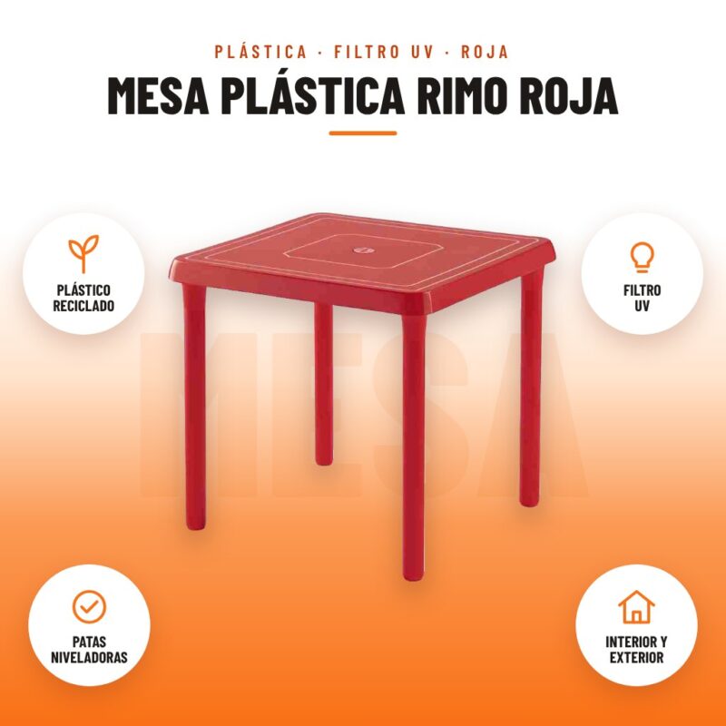 Mesa Plástica Rimo Roja: imagen promocional con plástico reciclado, filtro uv, patas niveladoras, interior y exterior