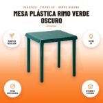 Mesa Plástica Rimo Verde Oscuro: imagen promocional con plástico reciclado, filtro uv, patas niveladoras, interior y exterior