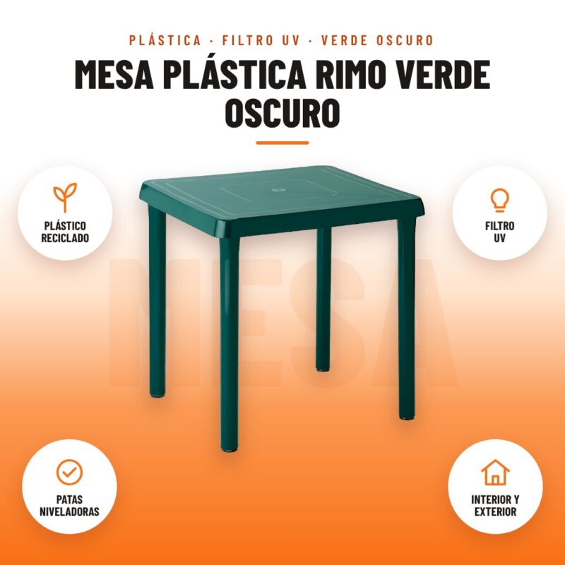 Mesa Plástica Rimo Verde Oscuro: imagen promocional con plástico reciclado, filtro uv, patas niveladoras, interior y exterior